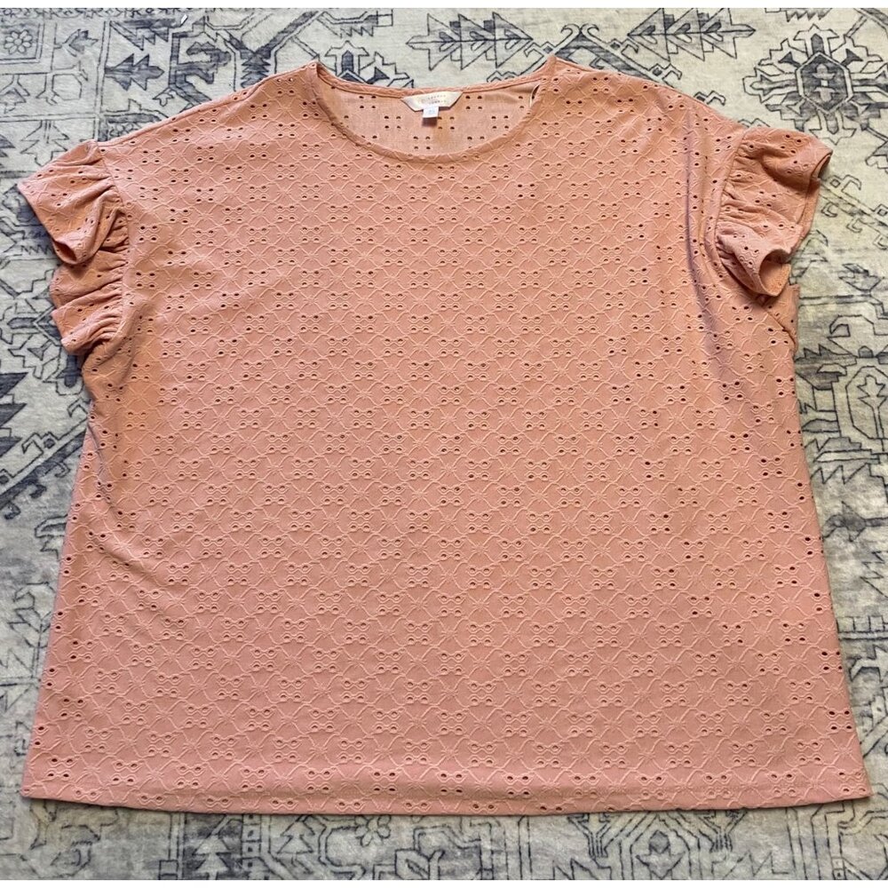Lauren Conrad Womens XL Pink Eyelet Ruffle Short Sleeve Top‎ Stretch Shirt